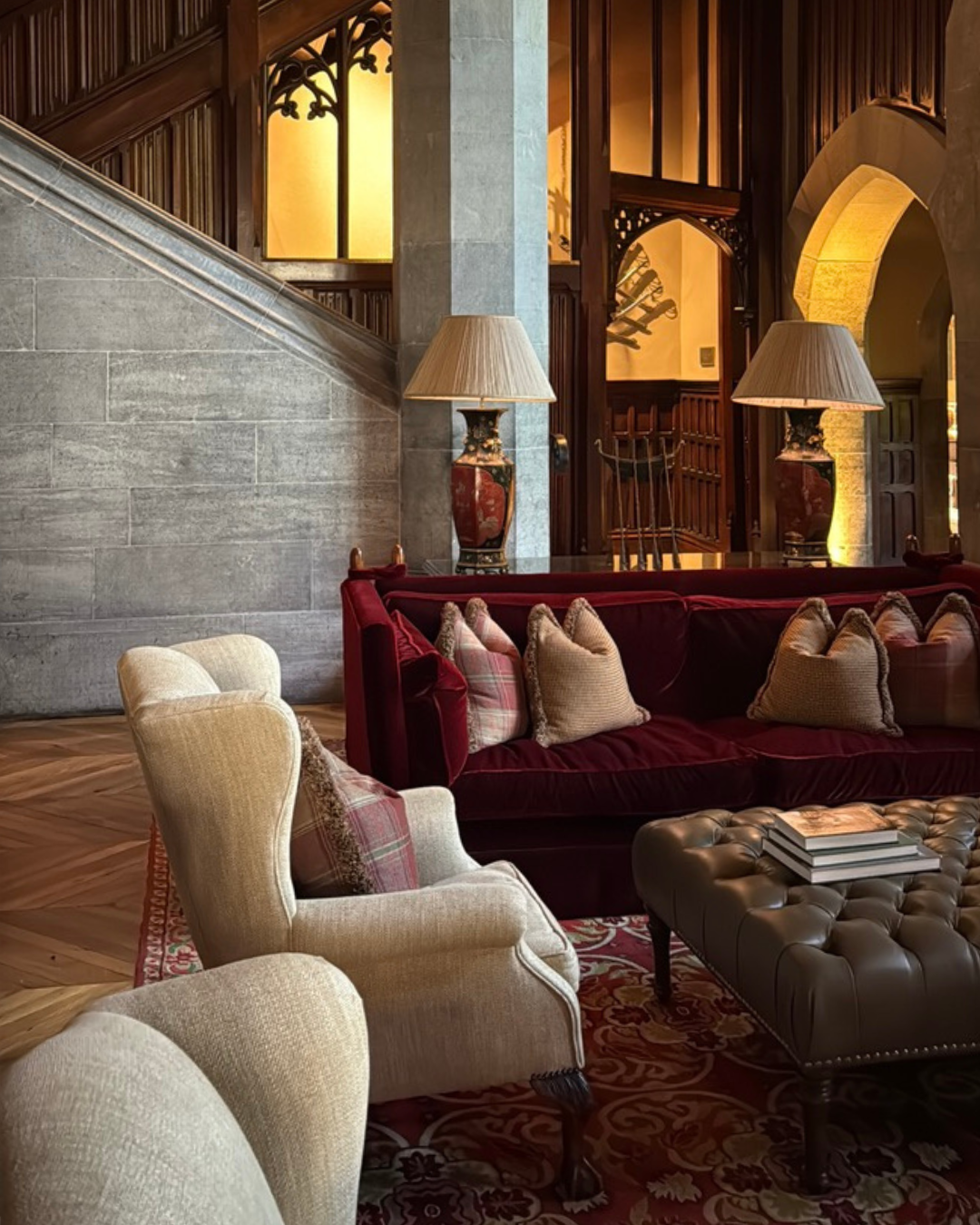 A cozy lobby inside of Adare Manor, a luxury castle hotel in County Limerick, Ireland