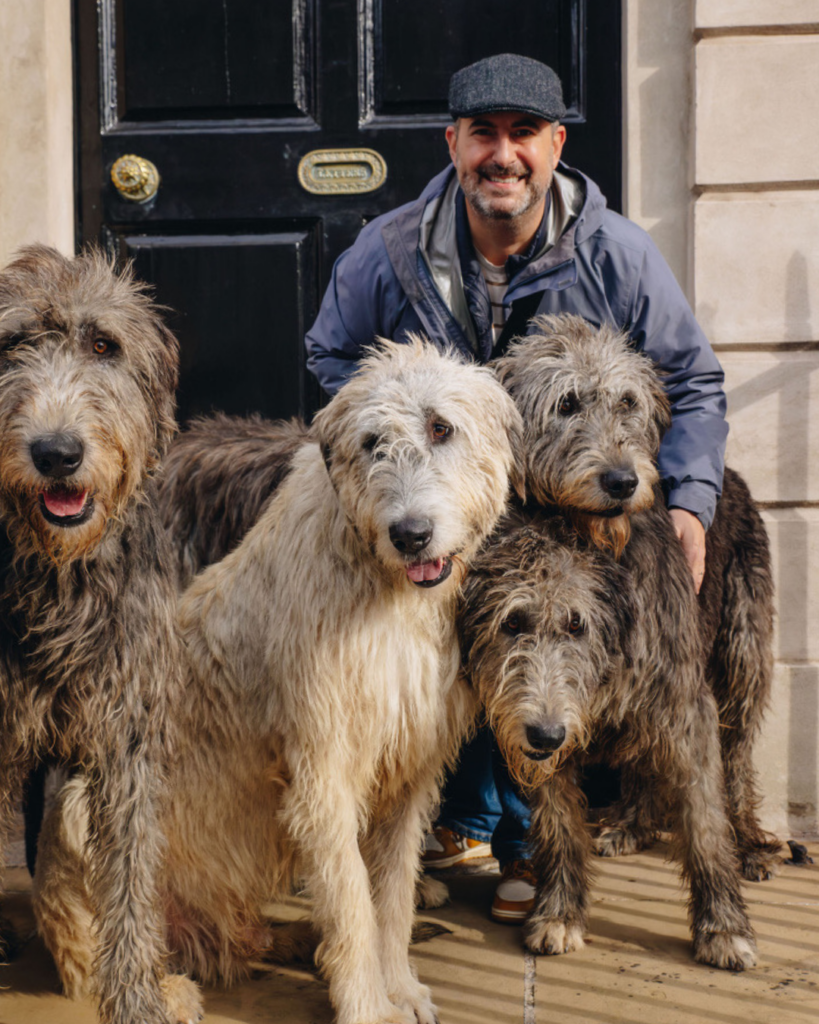 Josh Scheer with Irish Wolfhounds at The Merrion Hotel, Dublin, Ireland