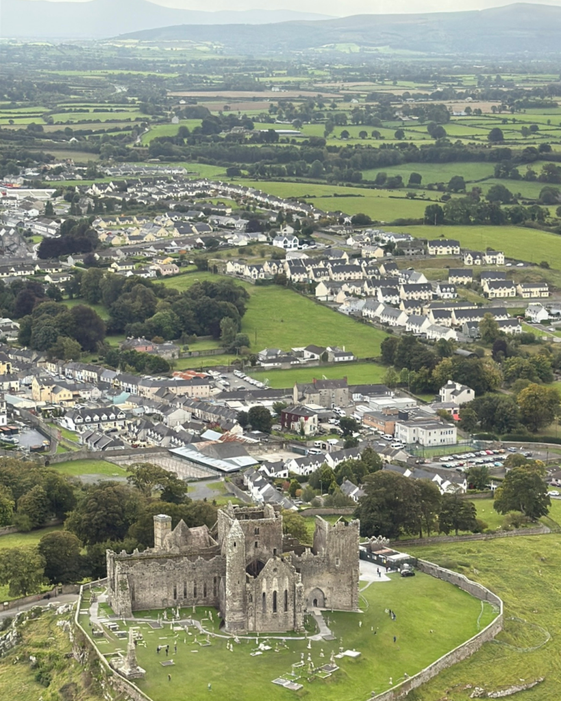 Aerial view of the Rock of Cashel from private helicopter transfer, County Tipperary, Ireland