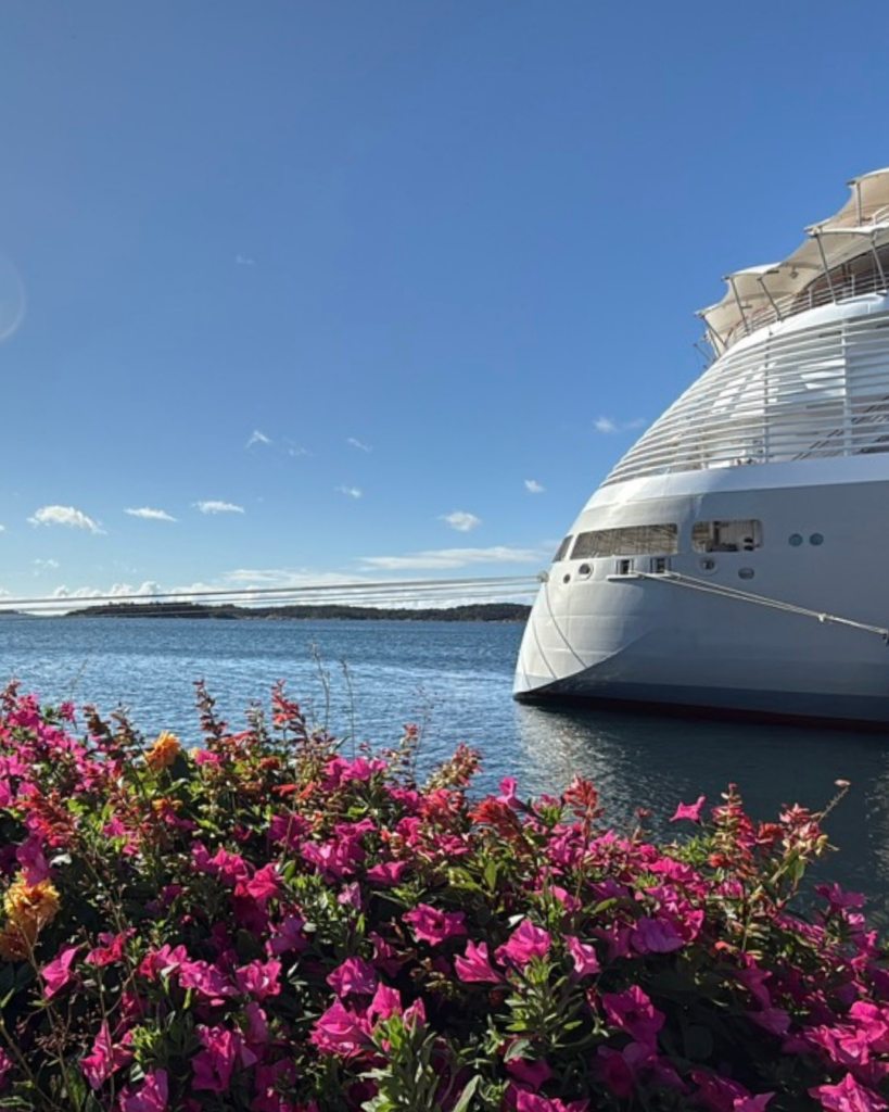 lovely flowers in front of Silver Spirit, a Silversea cruise ship, in Kristiansand, Norway